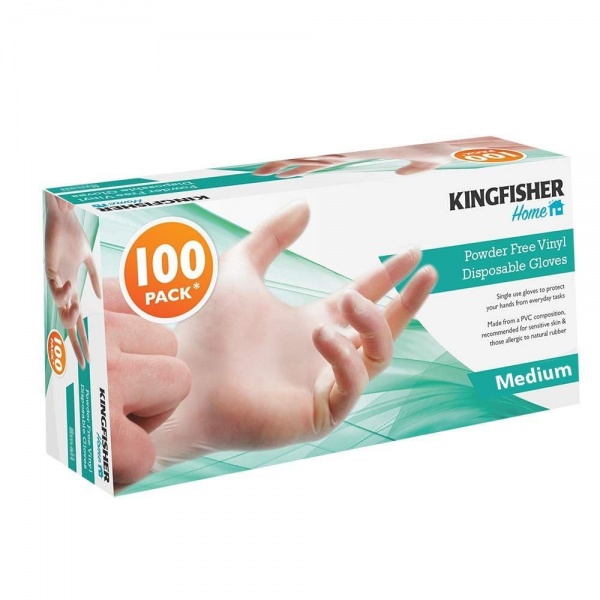 Medium Size Powder Free Vinyl Disposable Gloves Kingfisher Home (Pack of 100)