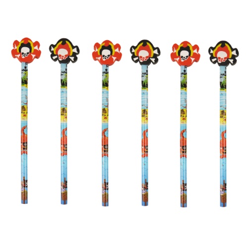6 x Pirate Pencils Assorted Designs With Erasers Rubbers Toppers
