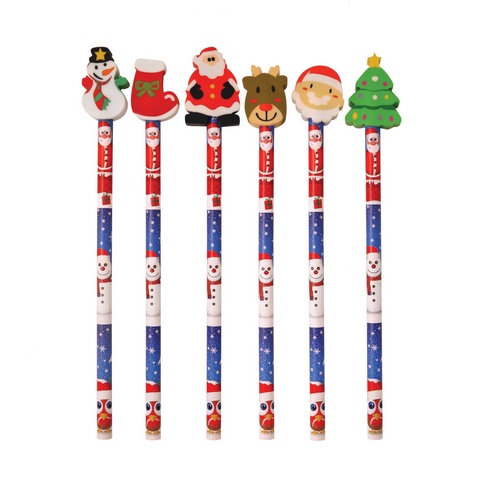6 x Christmas Pencils Assorted Designs With Erasers Rubbers Toppers