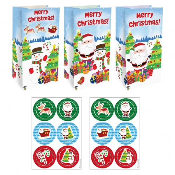 12 x Christmas Paper Party Bags & Stickers Henbrandt