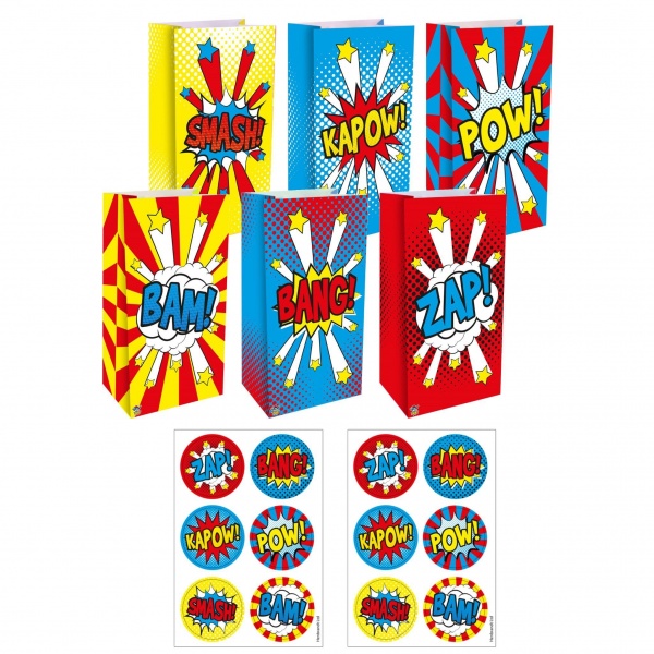 12 x  Comic Super Hero Paper Party Bags & Stickers Henbrandt