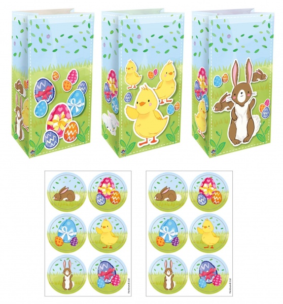 12 x  Easter Paper Party Bags & Stickers Henbrandt