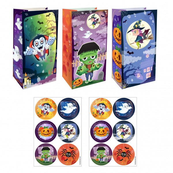 12 x  Halloween Paper Party Bags & Stickers Henbrandt