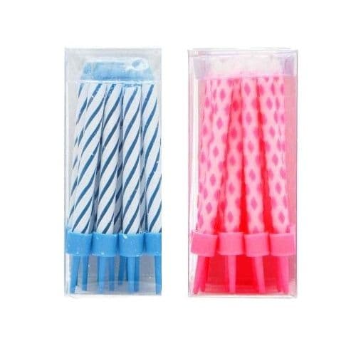 12 x Pink & Blue Birthday Cake Candles & Holders - Shearer Candles - Wholesale Packs of 16