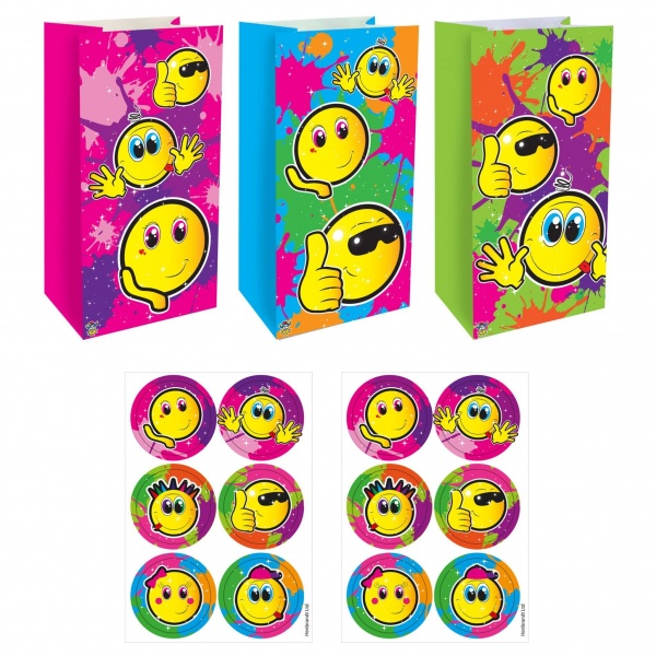 12 x  Smile Face Emoji Paper Party Bags & Stickers Henbrandt