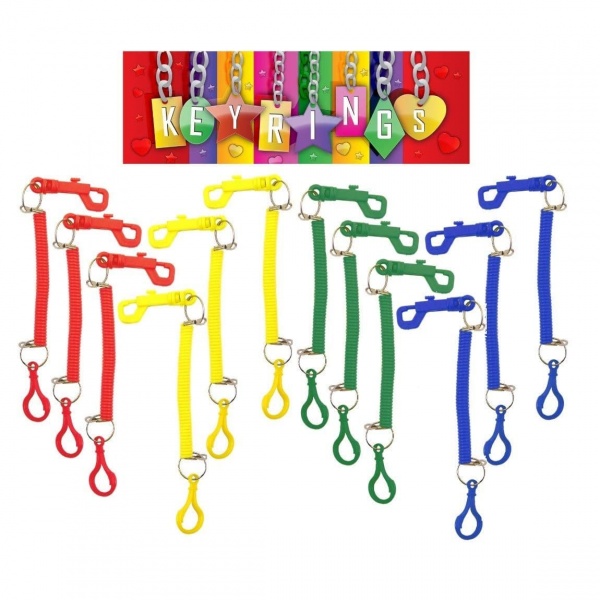 12 x Spiral Plastic Keyrings With Double Hooks - Wholesale Bulk Buy