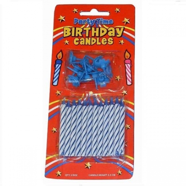 24 x Blue Birthday Cake Candles & 12 Holders