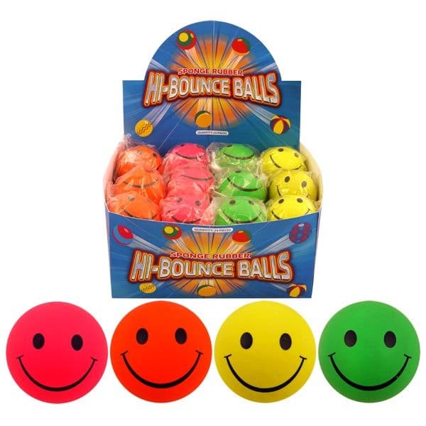 24 x Hi Bounce Smiley Face Hard Sponge Rubber Bouncy Ball Dog Wholesale - Pink Yellow Green Orange