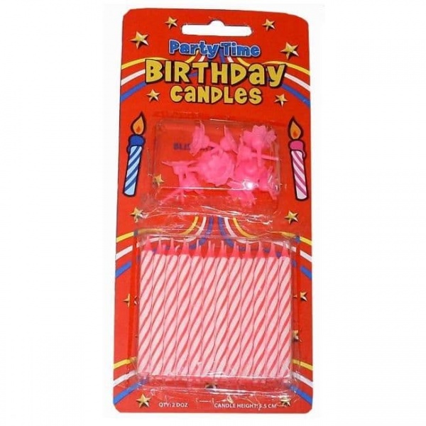 24 x Pink Birthday Cake Candles & 12 Holders
