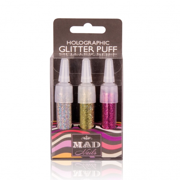 3 x Holographic Glitter Puffs Nail Art - Mad Beauty (Silver, Pink & Gold)