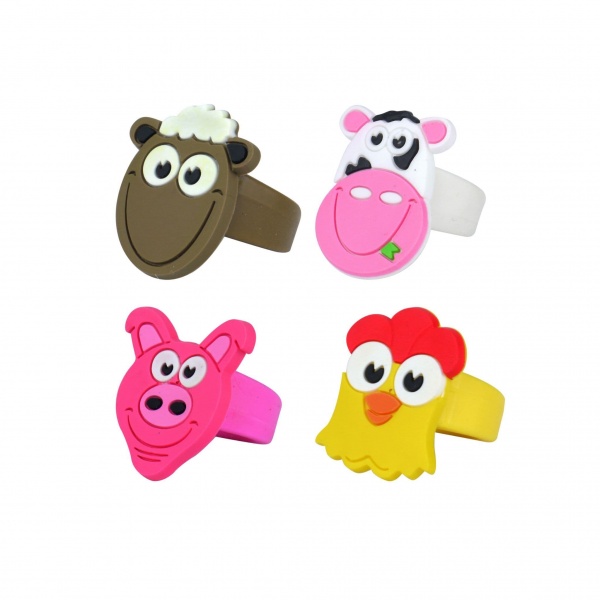 4 x Farm Animals Silicon Rings Stocking Filler Henbrandt