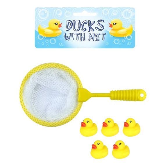 5 Mini Ducks With Fishing Net Gift Set Bath Toy Henbrandt