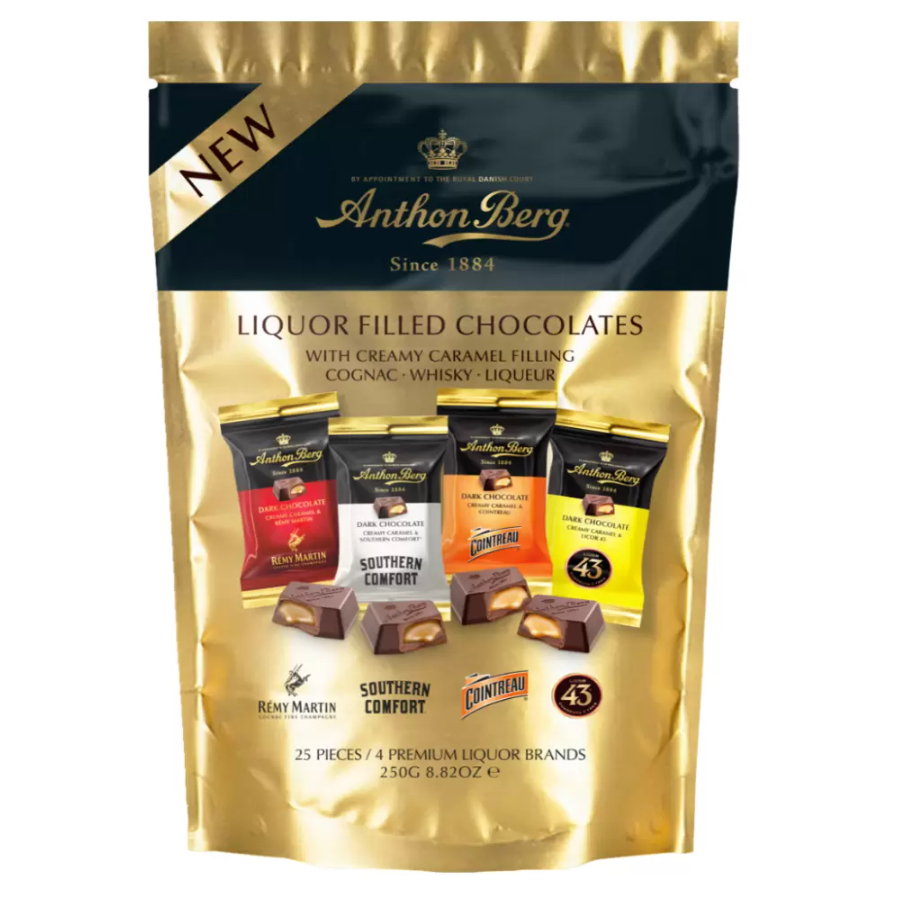 Bag of 25 Mini Assorted Chocolate Caramel Liqueurs Filled Dark Chocolates Anthon Berg 250g