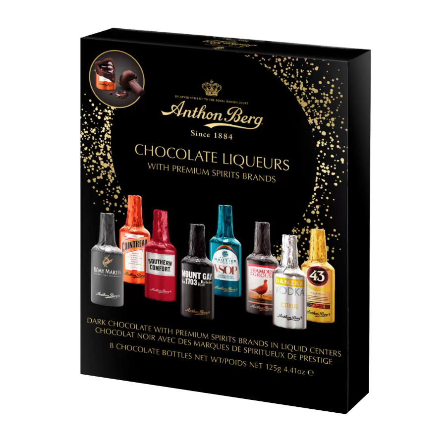 Box of 8 Assorted Chocolate Liqueurs Filled Dark Chocolates Anthon Berg 125g