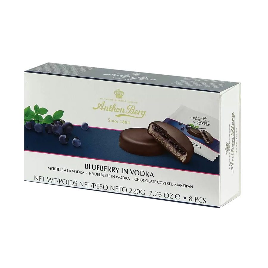 Blueberry In Vodka Dark Chocolate Covered Marzipan Anthon Berg 220g