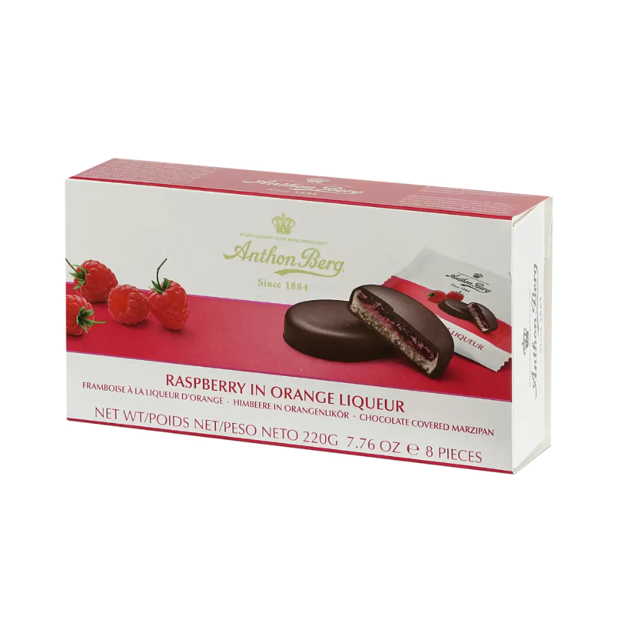 Raspberry In Orange Liqueur Dark Chocolate Covered Marzipan Anthon Berg 220g