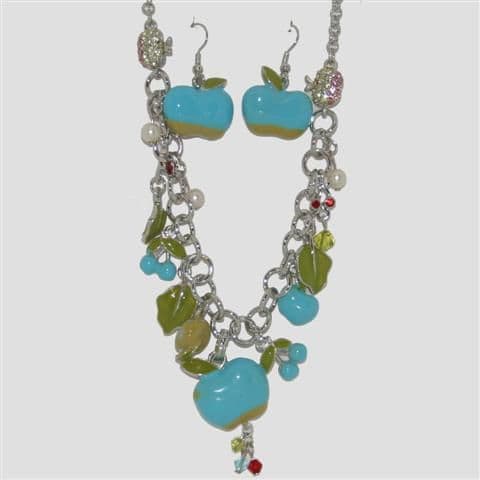 Blue Apple Fruit Necklace & Matching Earrings Set - Enamel Sparkly Crystal Costume Jewellery