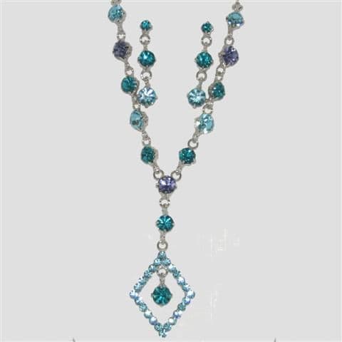 Blue Diamond Shaped Necklace & Matching Earrings Set - Sparkly Crystal Costume Jewellery