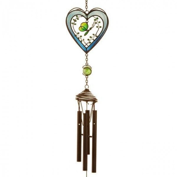 Blue Heart & Butterfly Windchime - 45cm Hanging  Garden Sun Catcher Wind Chimes