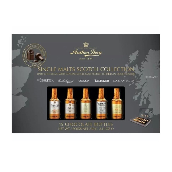 Box of 15 Single Malts Scotch Whiskies Collection Dark Chocolates Anthon Berg 230g