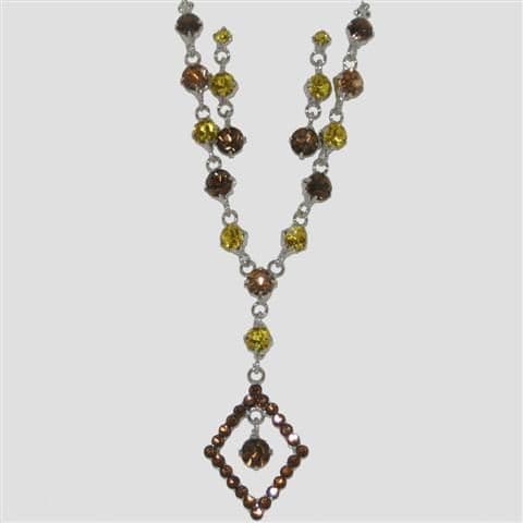 Brown Diamond Shaped Necklace & Matching Earrings Set - Sparkly Crystal Costume Jewellery