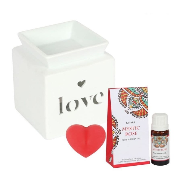 Ceramic Square White Love Heart Oil Burner & Wax Melts St Valentine's Gift Set