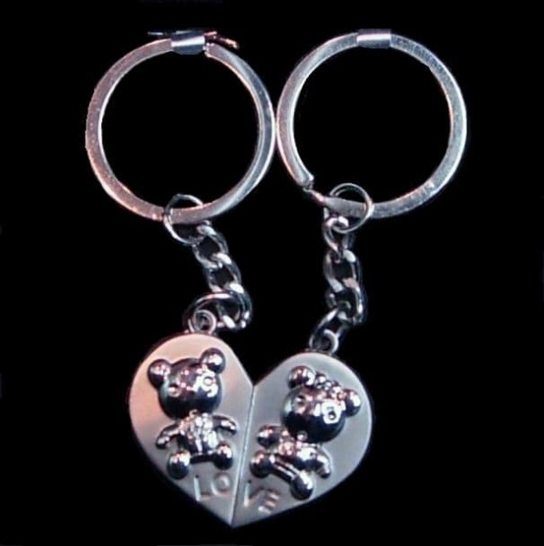 Duo TEDDY BEARS Love Split Heart 2 Piece Stainless Steel Keyring - Gift For Lover