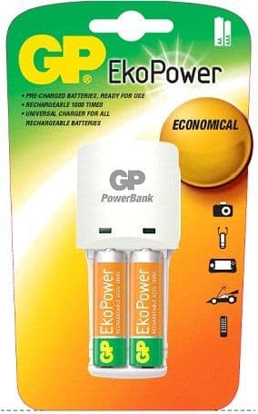 GP EkoPower KB02 Rechargeable AA/AAA Battery Charger - Plus 2 x AA 1050 mAh Batteries