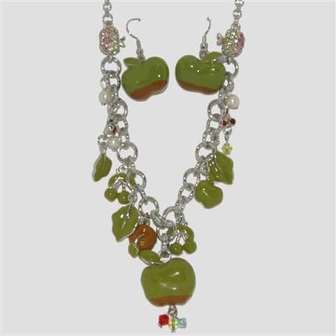 Green Apple Fruit Necklace & Matching Earrings Set - Enamel Sparkly Crystal Costume Jewellery