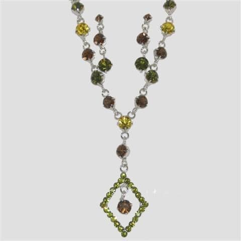 Green Diamond Shaped Necklace & Matching Earrings Set - Sparkly Crystal Costume Jewellery