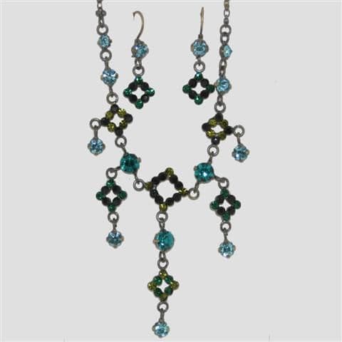 Green Square Shaped Necklace & Matching Earrings Set - Sparkly Crystal Costume Jewellery