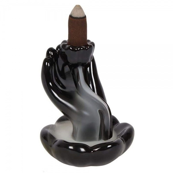 Hand & Lotus Flower Fountain Black Ceramic Backflow Incense Cones Burner 25528