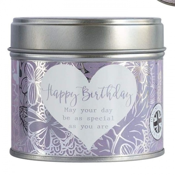 Happy Birthday Linen Scented Candle Tin Said With Sentiment Arora Design