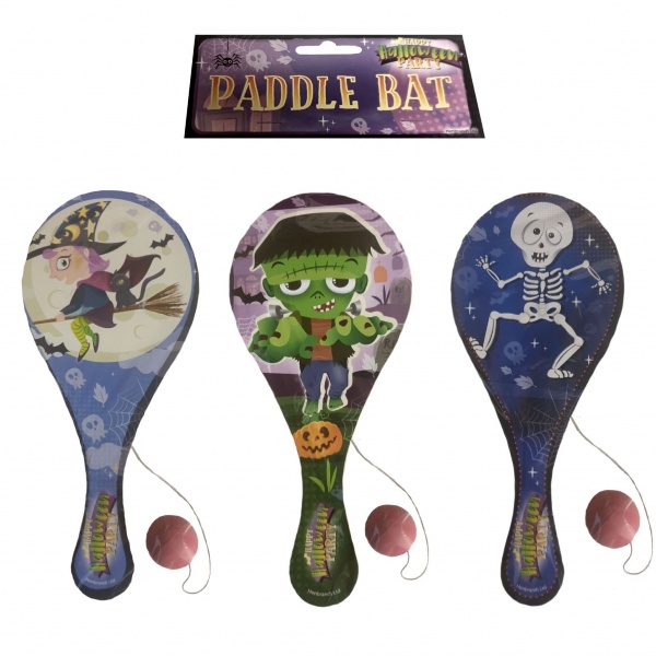 Large 22cm Wooden Paddle Bat & Ball Halloween Design - Assorted Designs