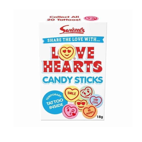 Love Hearts Candy Sticks & Temporary Tattoo Swizzels Matlow 18g
