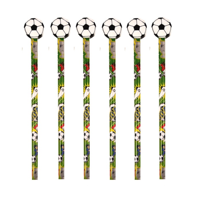 6 x Football Pencils Assorted Designs With Erasers Rubbers Toppers