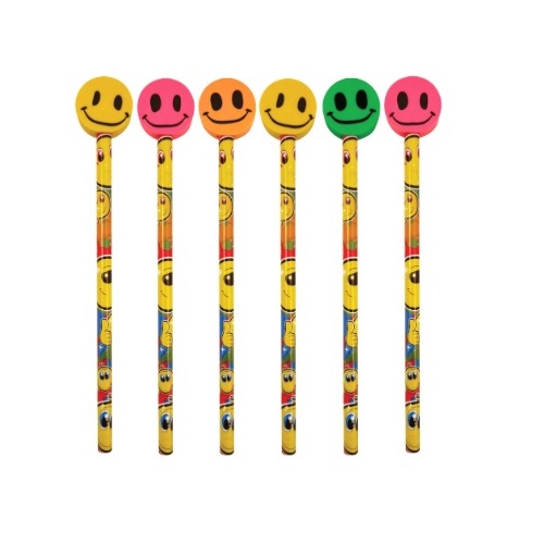 6 x Smile Happy Face Pencils Assorted Designs With Erasers Rubbers Toppers