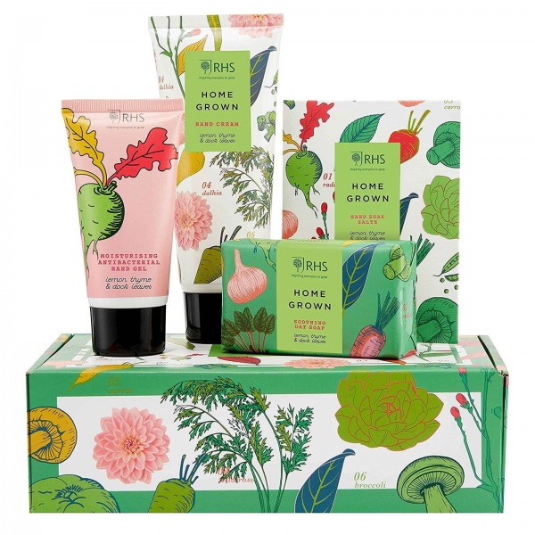 RHS Home Grown Hand Care Gift For Hands Cream Soap Gel Set Heathcote & Ivory
