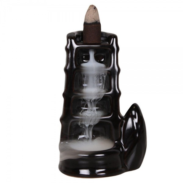 Split Bamboo Fountain Black Ceramic Backflow Incense Cones Burner 25928