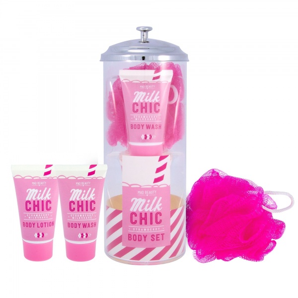 Straw Holder & Strawberry Milkshake Gift Set - Body Wash Lotion Milk Chic - Mad Beauty