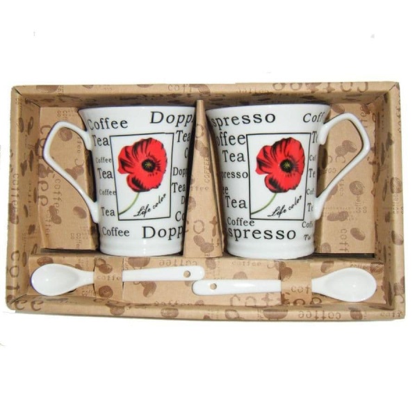 Tea Coffee Poppy Mugs - China Mug & Spoon Gift Box (Set of 2)