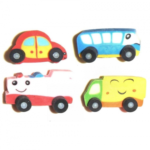 Vehicles Train Bus Car Lorry - 3D Novelty Rubbers - Set of 4