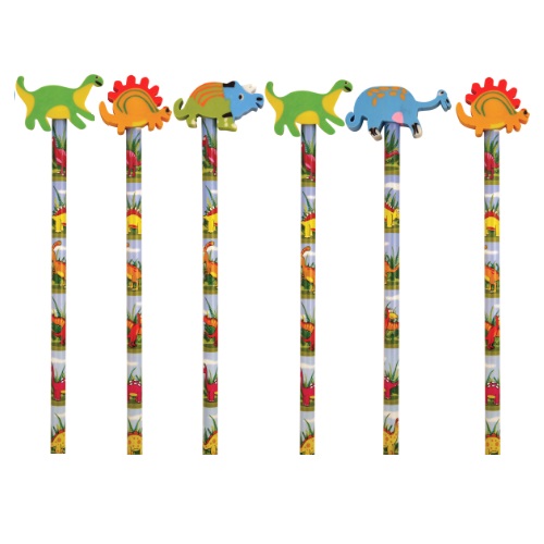 6 x Dinosaur Pencils Assorted Designs With Erasers Rubbers Toppers
